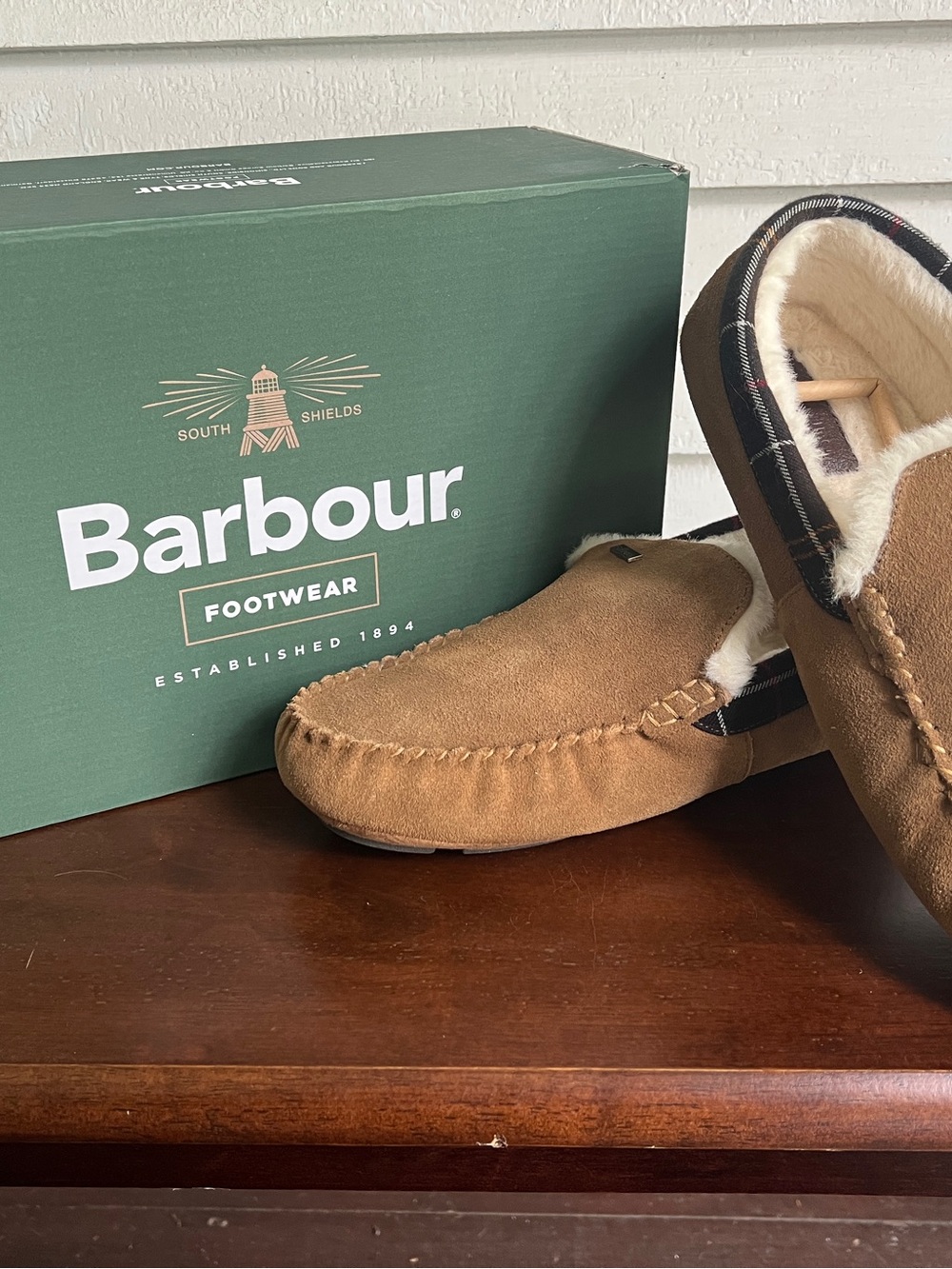 Barbour Brown Suede Moccasin Slippers with Cream Lining